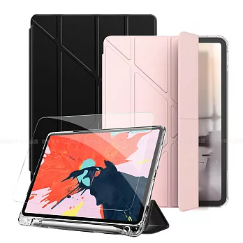 Aisure for iPad Pro 11吋 清新Y型帶筆槽多折保護套+專用玻璃組合 黑