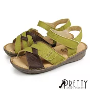 【Pretty】女 涼鞋 全真皮 多層次 交叉 撞色 沾黏式 小坡跟 厚底 EU35 綠色