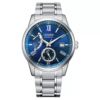 CITIZEN Mechanical 正能量動力儲存機械紳士腕錶-銀X藍