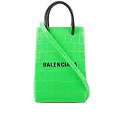 BALENCIAGA Logo牛皮壓鱷魚紋購物手機袋 (螢光綠)