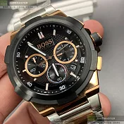 BOSS伯斯精品錶,編號：HB1513358,46mm圓形黑金精鋼錶殼黑色錶盤精鋼金銀相間錶帶