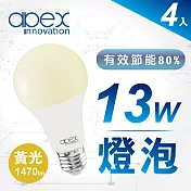 【APEX】13W高效能廣角LED燈泡 全電壓 E27(4入) 黃光