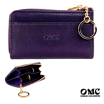 【OMC】義大利植鞣革L型拉鍊牛皮卡片鑰匙零錢包- 紫色