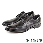 【GREEN PHOENIX】男 紳士皮鞋 商務皮鞋 大尺碼 全真皮 布洛克 雷射雕花 綁帶 EU46 黑色
