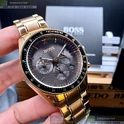 BOSS伯斯精品錶,編號：HB1513632,44mm圓形玫瑰金精鋼錶殼黑色錶盤精鋼玫瑰金色錶帶