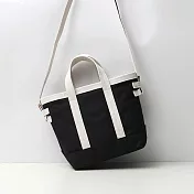 PinLe 黑白撞色手提包購物袋單肩斜跨通勤包厚磅真皮帆布袋 (3色可選) 黑色