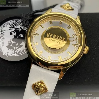VERSUS VERSACE凡賽斯精品錶,編號：VV00313,40mm圓形金色精鋼錶殼白色錶盤真皮皮革白錶帶