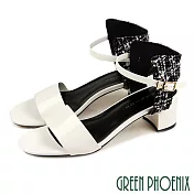 【GREEN PHOENIX】女 涼鞋 韓系 拼接毛呢 一字 漆皮 粗跟 高跟 EU35 白色