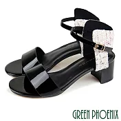 【GREEN PHOENIX】女 涼鞋 韓系 拼接毛呢 一字 漆皮 粗跟 高跟 EU38 黑色
