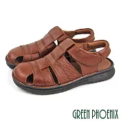 【GREEN PHOENIX】男 涼鞋 護趾 鏤空 全真皮 手工 沾黏式 平底 台灣製 US10 咖啡