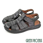 【GREEN PHOENIX】男 涼鞋 護趾 鏤空 全真皮 手工 沾黏式 平底 台灣製 US6 黑色