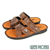 【GREEN PHOENIX】男 涼鞋 拖鞋 兩穿式 全真皮 交叉 壓紋 平底 台灣製 US10 咖啡