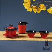 【陸寶LOHAS】平步青雲茶組 清官帽設計 日本瀨戶黑陶 一蓋碗一海6杯 富貴紅