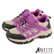 【Pretty】女 登山鞋 運動鞋 休閒鞋 防潑水 透氣 網布 反光 拼接 綁帶 EU36 卡其