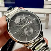 Tommy Hilfiger湯米希爾費格精品錶,編號：TH00021,44mm圓形銀精鋼錶殼灰色錶盤精鋼銀色錶帶