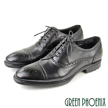 【GREEN PHOENIX】男 紳士皮鞋 商務皮鞋 牛津鞋 橫飾 布洛克 雕花 全真皮 EU39 黑色