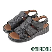 【GREEN PHOENIX】男 涼鞋 幾何圖形 全真皮 手工 沾黏式 寬楦 厚底 台灣製 US10 黑色