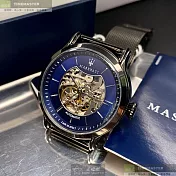 MASERATI瑪莎拉蒂精品錶,編號：R8823118002,42mm圓形槍灰色精鋼錶殼寶藍色錶盤米蘭黑灰色錶帶