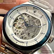 MASERATI瑪莎拉蒂精品錶,編號：R8823149002,44mm酒桶型銀精鋼錶殼白色錶盤精鋼銀色錶帶
