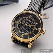 MASERATI瑪莎拉蒂精品錶,編號：R8851118501,34mm圓形金色精鋼錶殼黑色錶盤真皮皮革深黑色錶帶