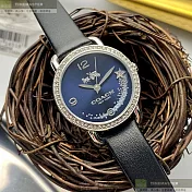 COACH蔻馳精品錶,編號：CH00032,28mm圓形銀精鋼錶殼寶藍色錶盤真皮皮革深黑色錶帶