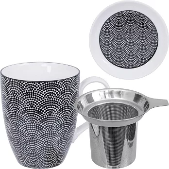《Tokyo Design》附蓋濾茶馬克杯(點扇黑325ml) | 濾茶器 水杯 午茶杯 咖啡杯