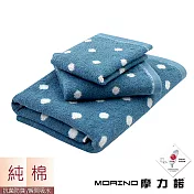 【MORINO】日本大和認證抗菌防臭MIT純棉花漾圓點方巾毛巾浴巾(3入組) 丹寧藍
