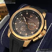 MASERATI瑪莎拉蒂精品錶,編號：R8851123008,44mm圓形玫瑰金精鋼錶殼古銅色錶盤矽膠深黑色錶帶