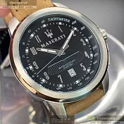 MASERATI瑪莎拉蒂精品錶,編號：R8851121004,44mm圓形銀精鋼錶殼黑色錶盤真皮皮革咖啡色錶帶