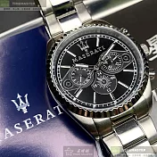MASERATI瑪莎拉蒂精品錶,編號：R885300010,44mm圓形銀精鋼錶殼黑色錶盤精鋼銀色錶帶