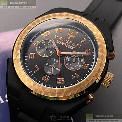 MASERATI瑪莎拉蒂精品錶，編號：R8851115008，44mm圓形玫瑰金橡膠錶殼黑色錶盤矽膠深黑色錶帶