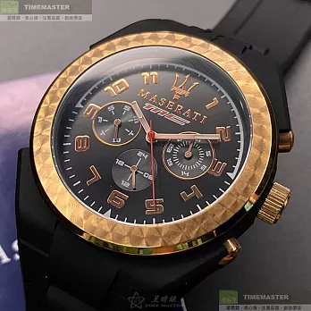 MASERATI瑪莎拉蒂精品錶,編號：R8851115008,44mm圓形玫瑰金橡膠錶殼黑色錶盤矽膠深黑色錶帶