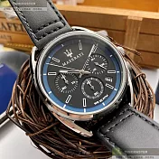 MASERATI瑪莎拉蒂精品錶,編號：R8871632001,42mm圓形銀精鋼錶殼黑色錶盤真皮皮革深黑色錶帶