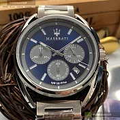 MASERATI瑪莎拉蒂精品錶,編號：R8873632004,42mm圓形銀精鋼錶殼寶藍色錶盤精鋼銀色錶帶