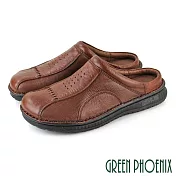 【GREEN PHOENIX】男 穆勒鞋 張菲鞋 後空拖鞋 全真皮 拼接 壓紋 手工 休閒 US6 咖啡色