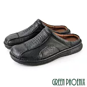 【GREEN PHOENIX】男 穆勒鞋 張菲鞋 後空拖鞋 全真皮 拼接 壓紋 手工 休閒 US10 黑色