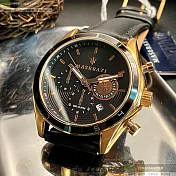 MASERATI瑪莎拉蒂精品錶,編號：R8871624001,44mm圓形玫瑰金精鋼錶殼黑色錶盤真皮皮革深黑色錶帶