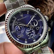 MASERATI瑪莎拉蒂精品錶,編號：R8851100011,38mm圓形銀精鋼錶殼寶藍色錶盤精鋼銀色錶帶