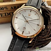 MASERATI瑪莎拉蒂精品錶,編號：R8851125005,42mm圓形玫瑰金精鋼錶殼白色錶盤真皮皮革深黑色錶帶