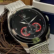 MASERATI瑪莎拉蒂精品錶,編號：R8873612005,46mm圓形銀精鋼錶殼黑色錶盤米蘭銀色錶帶