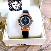 ANNE KLEIN安妮克萊恩精品錶,編號：AN00617,36mm圓形玫瑰金精鋼錶殼黑玫瑰金色錶盤真皮皮革深黑色錶帶