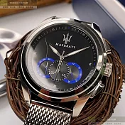 MASERATI瑪莎拉蒂精品錶,編號：R8873612006,46mm圓形槍灰色精鋼錶殼黑色錶盤米蘭槍灰色錶帶