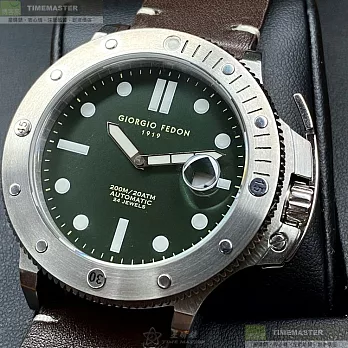 Giorgio Fedon 1919喬治飛登精品錶,編號：GF00034,46mm圓形銀精鋼錶殼墨綠色錶盤真皮皮革咖啡色錶帶