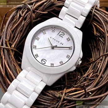 COACH蔻馳精品錶,編號：CH00046,28mm圓形白陶瓷錶殼白色錶盤陶瓷白錶帶