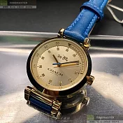 COACH蔻馳精品錶,編號：CH00047,30mm圓形金色精鋼錶殼金色錶盤真皮皮革寶藍錶帶