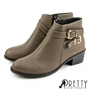 【Pretty】女 踝靴 短靴 皮帶釦 側拉鍊 中跟 台灣製 JP23 可可色