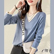 【初色】寬鬆V領顯瘦針織衫-共2色-90789(F可選) F 藍色