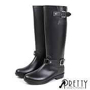【Pretty】女 雨靴 雨鞋 長筒 繞踝 可拆式皮帶釦 後拉鍊 防水 EU37 黑色
