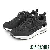 【GREEN PHOENIX】男 休閒鞋 運動鞋 撞色 飛線編織 輕量 綁帶 吸震 氣墊 JP26.5 黑白