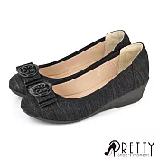 【Pretty】女 娃娃鞋 宴會鞋 金蔥 法式蝴蝶結 楔型 小坡跟 台灣製 EU35 黑色